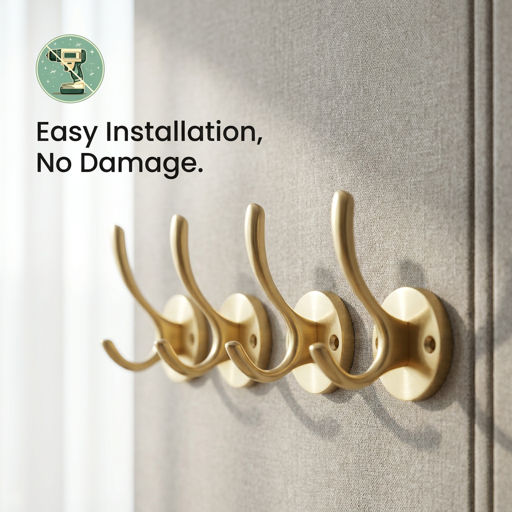 a set of gold hooks against a fabric wall
