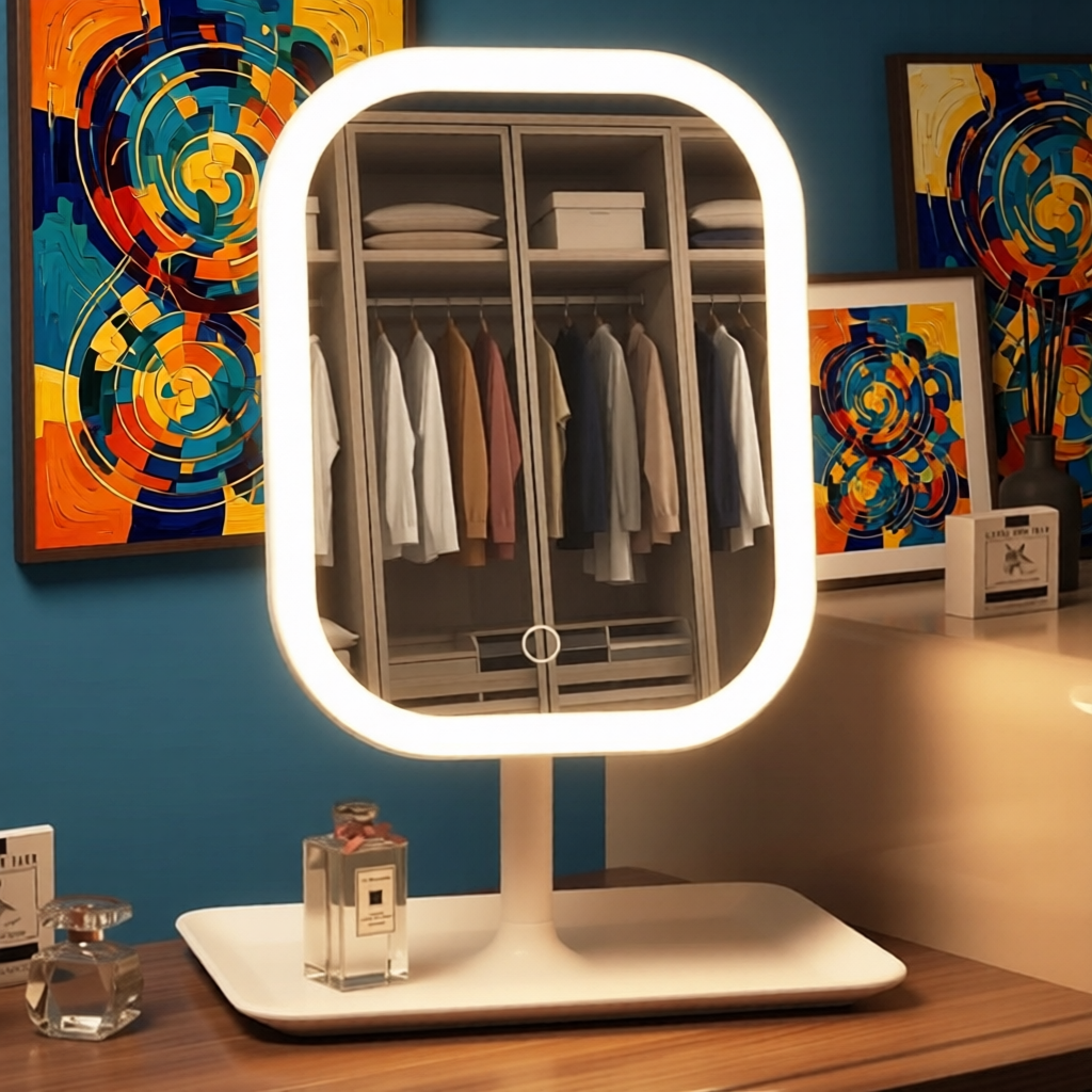 an led mirror lamp perfect for make up, standing on a wooden table against a blue colored wall
