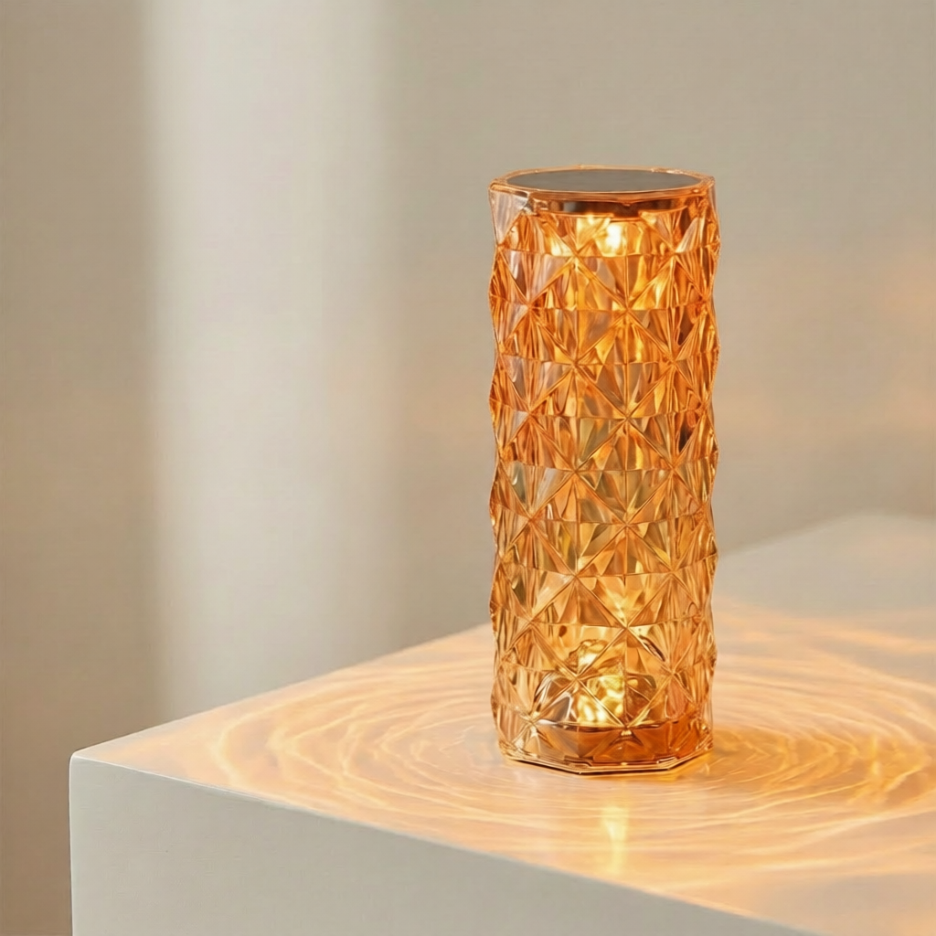 an orange glass vase LED lamp with ripple effect lighting on a plain white table