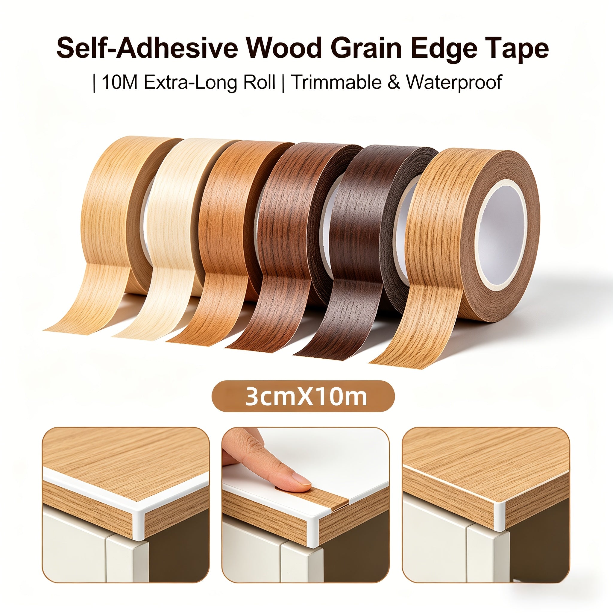 3cm x 10m Self-Adhesive Wood Grain Edge Tape.