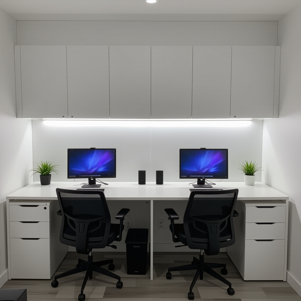 Modern office setup with two desks, chairs, and computer monitors in a well-lit room.