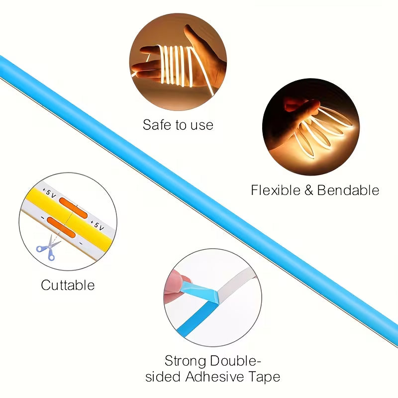 COB LED strip light with features highlighted on a white background