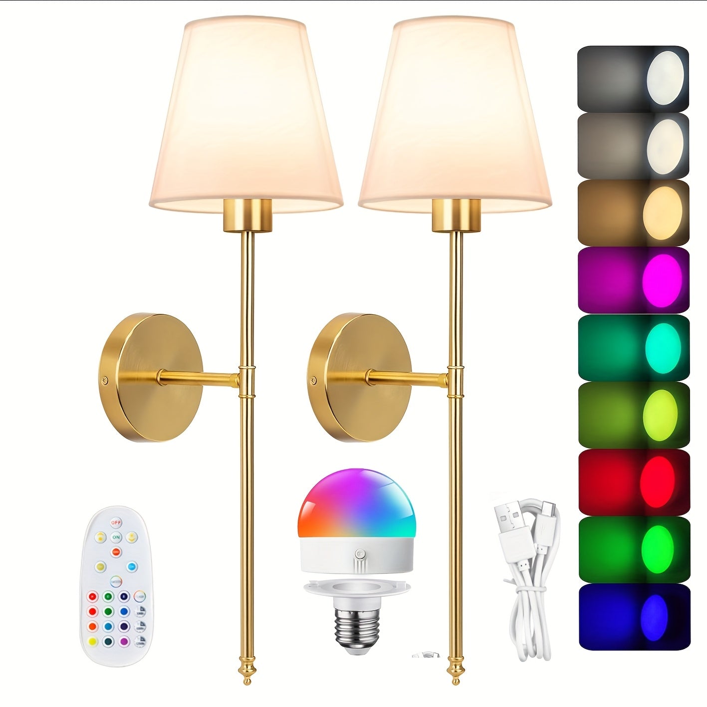 Set of 2 Black or Gold Wall Sconce - Rechargeable