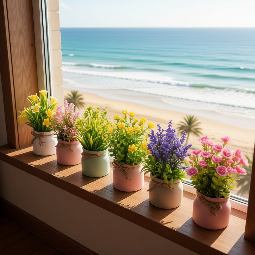 a set of 6 flower plants sat on a ledge on a wooden balcony overlooking a sandy beach