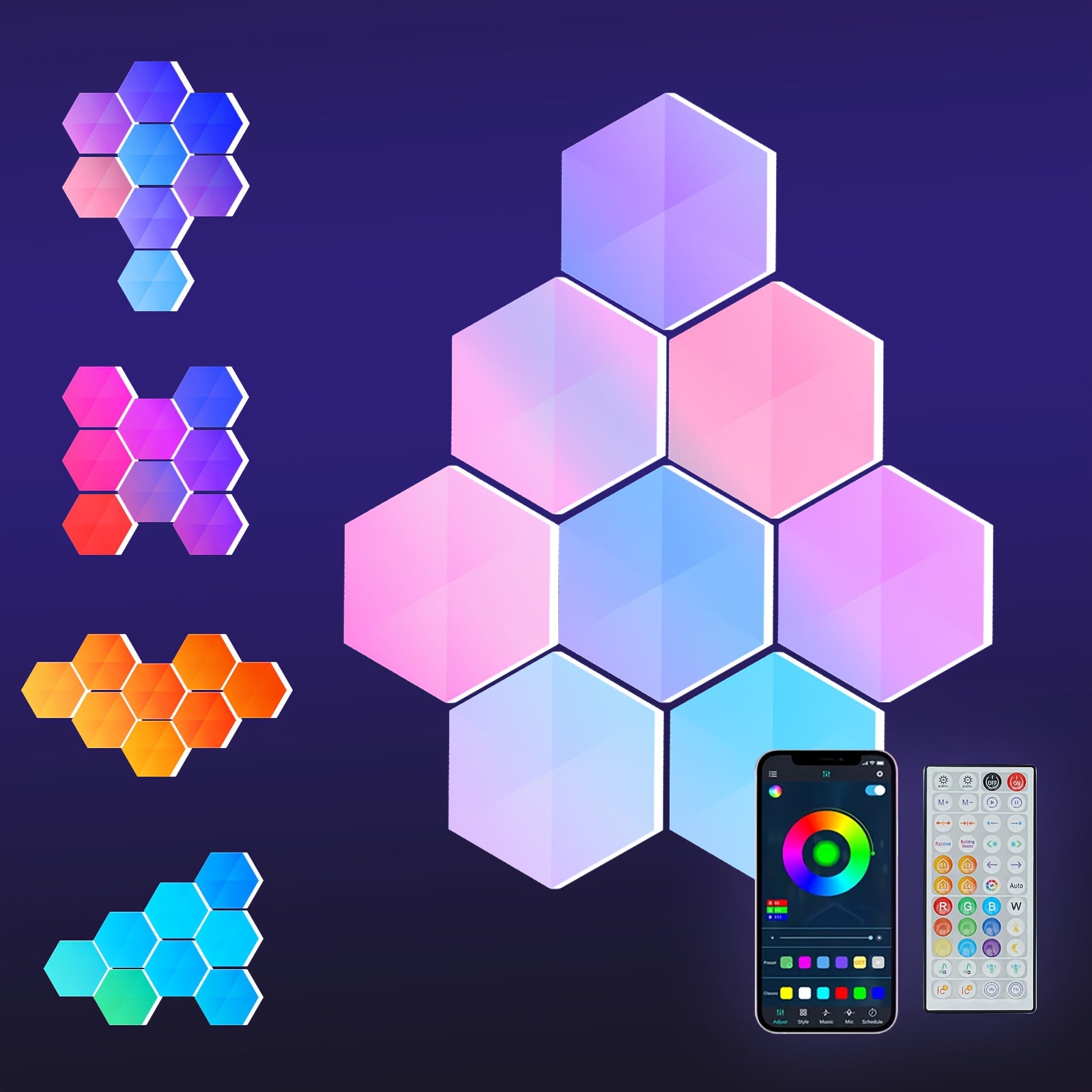 Set of 10 Smart RGB Hexagon LED Wall Lights