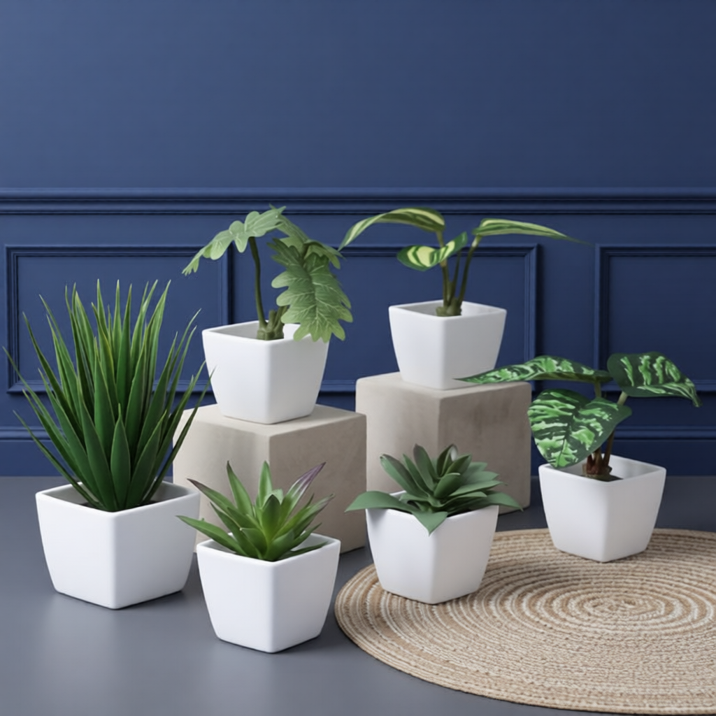 Set of potted plants on a dark blue wall background