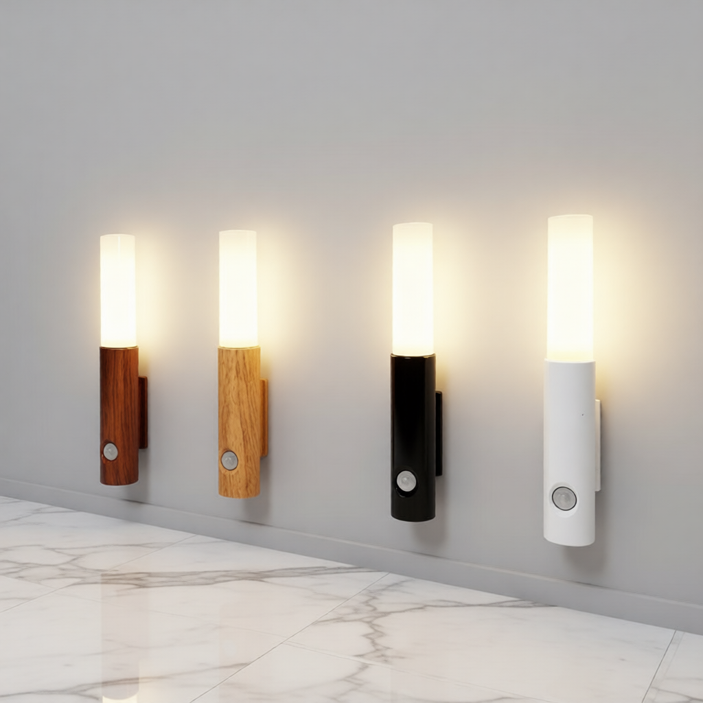 Four wall lights in different designs on a gray wall.