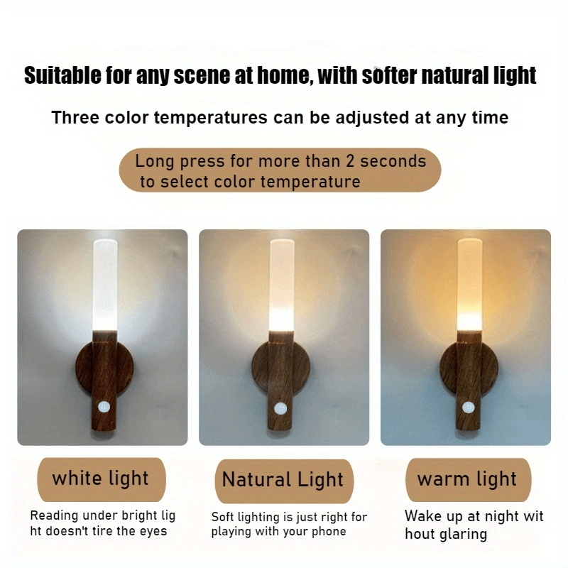 Three wall lights with different color temperatures labeled 'White Light', 'Natural Light', and 'Warm Light' on a black background.