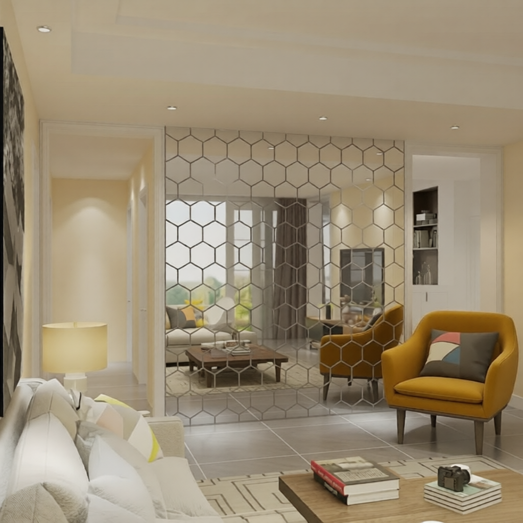 Modern living room with yellow armchair, white sofa, and geometric wall design.
