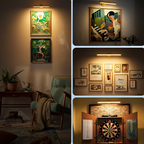 Collage of wall art and decorative items in a room setting.