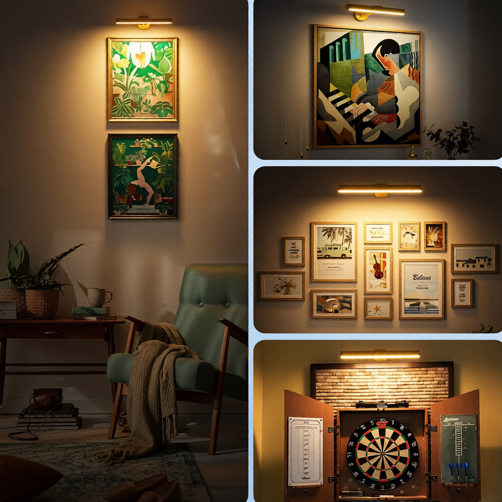 Collage of wall art and decorative items in a room setting.