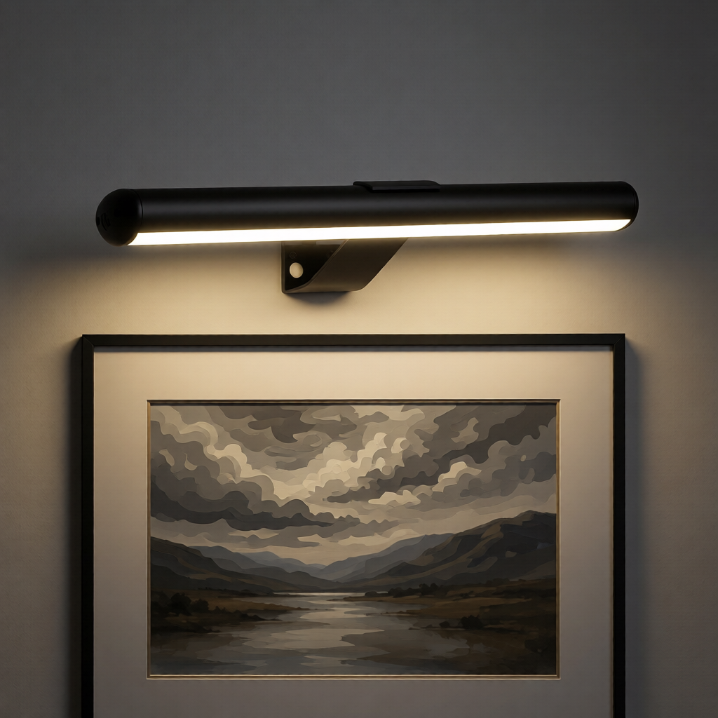 Modern wall light fixture illuminating a framed artwork of a landscape with mountains and water.