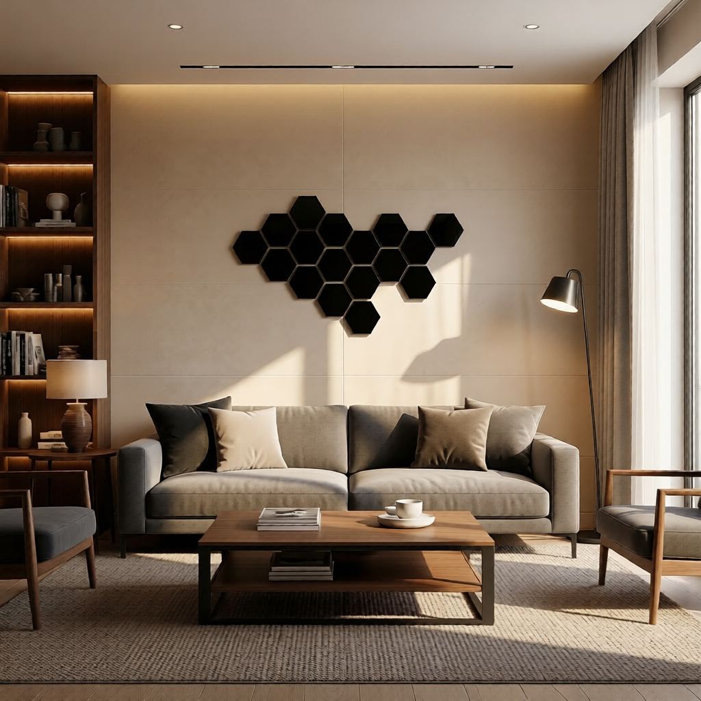 Modern living room with a gray sofa, hexagonal wall art, and wooden coffee table.