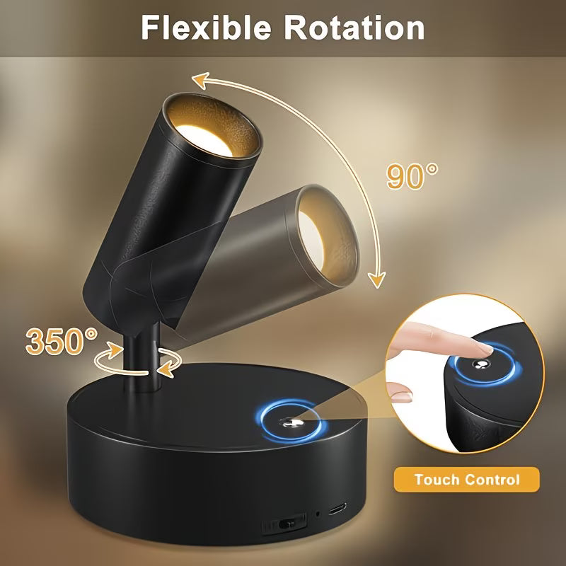 Black adjustable spotlight with flexible rotation feature and touch control on a beige background