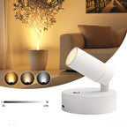 White adjustable spotlight in a living room setting with a plant and sofa.