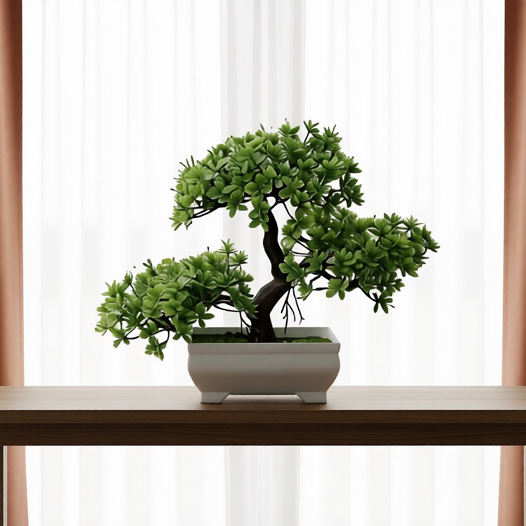 Potted bonsai tree on a wooden shelf with a white curtain background