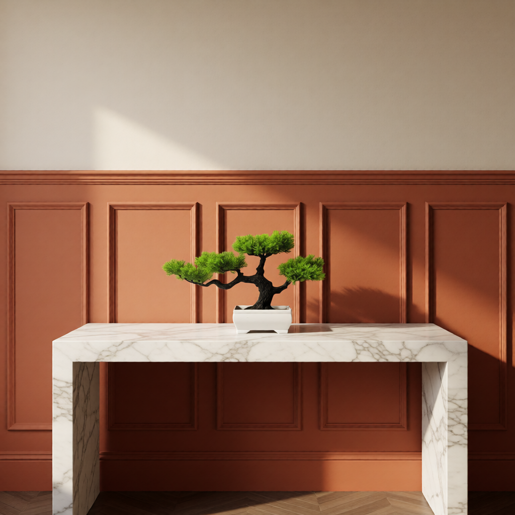 Marble desk with a bonsai tree against a panelled wall.