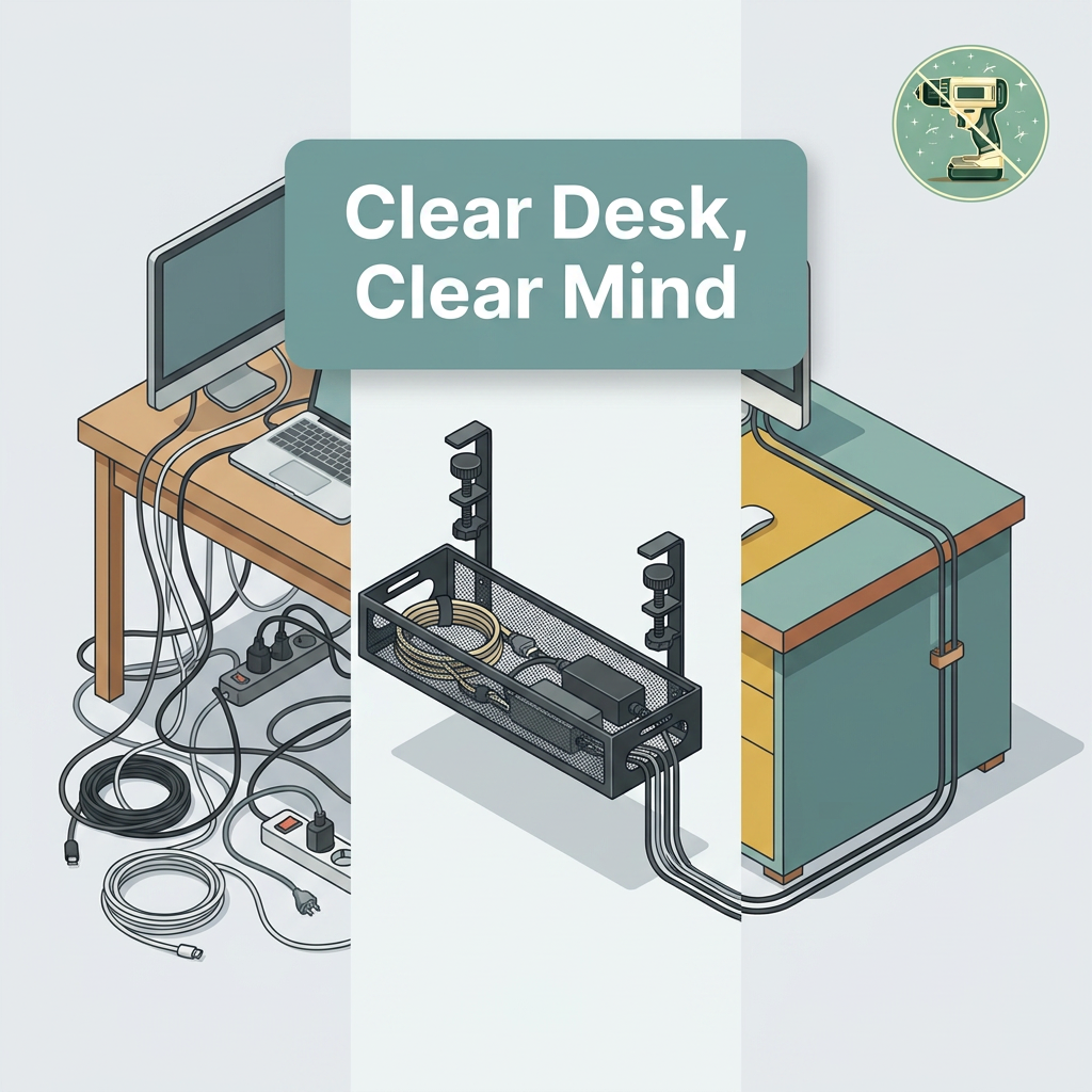 Illustration of a desk with untangled cables and a clear desk message.