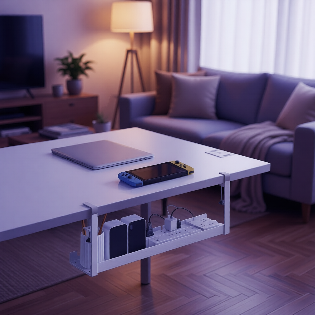 Coffee table with electronic devices in a living room setting