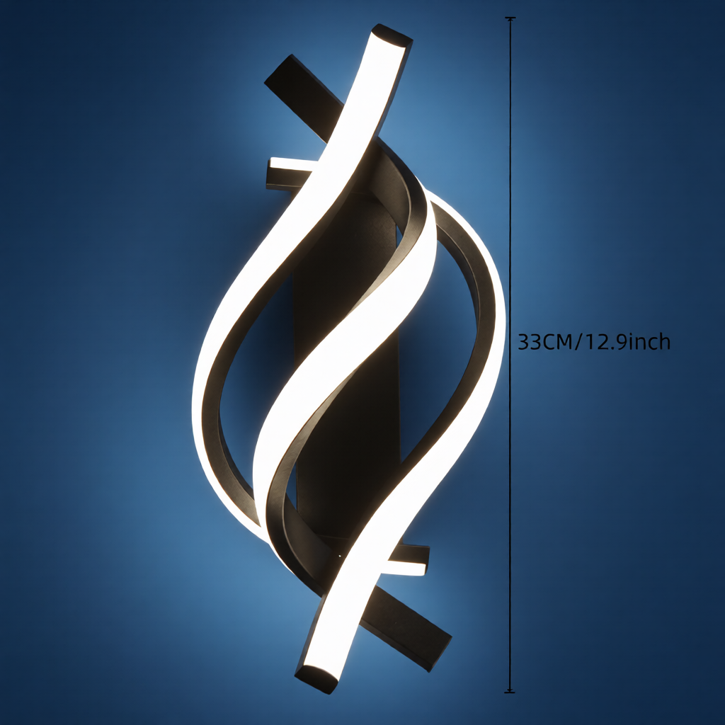 modern curved light on a blue background with black text showing the dimensions