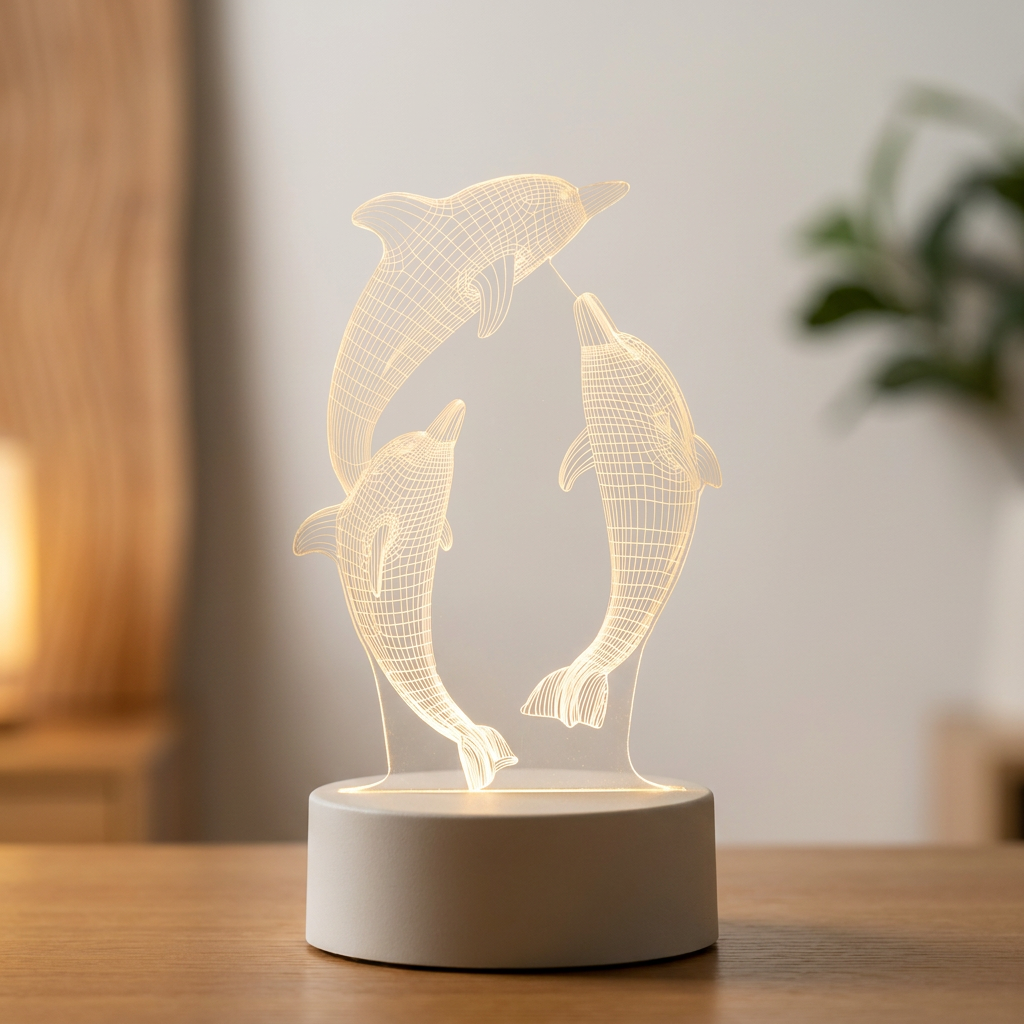Decorative lamp with three dolphins on a wooden surface