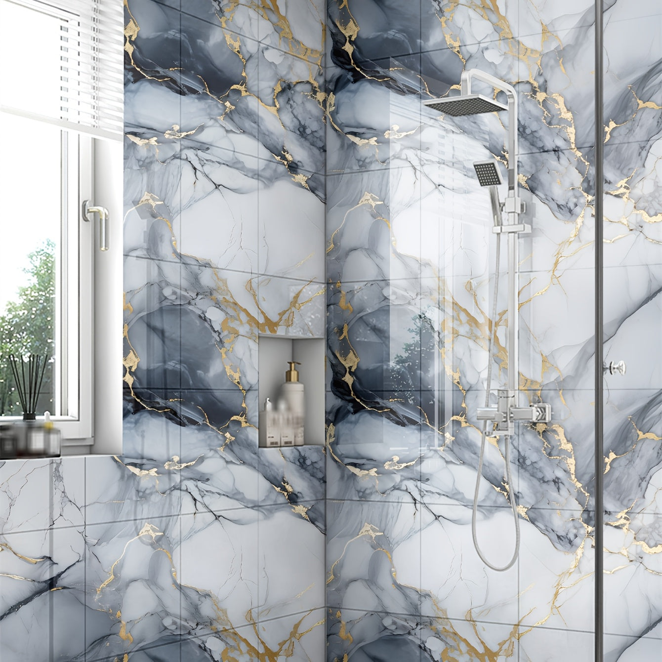 10pcs Blue Gold PVC Wallpaper Tiles.
