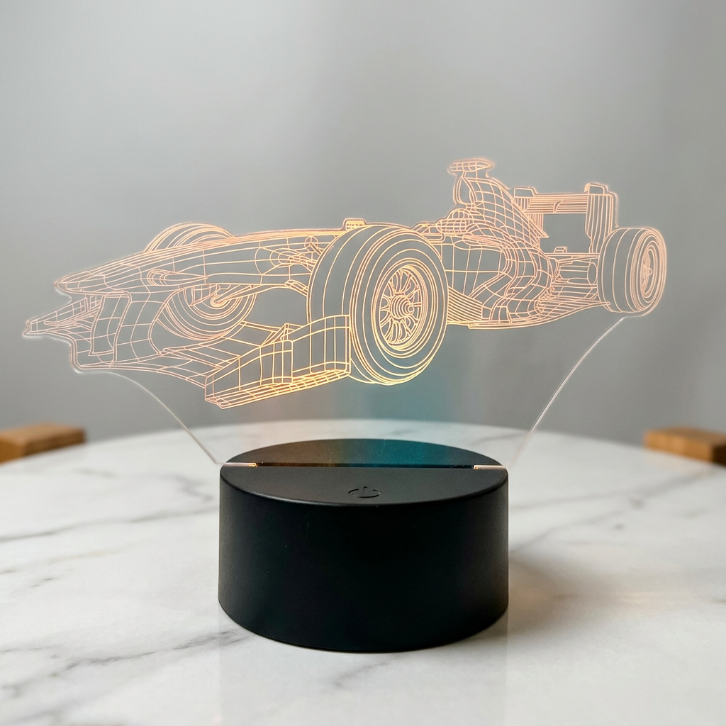 3D racing car lamp on a marble surface with a gray background