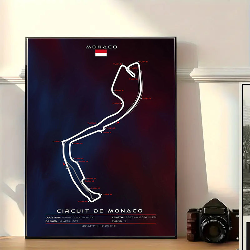 Poster of Circuit de Monaco track layout on a wall with a camera below.