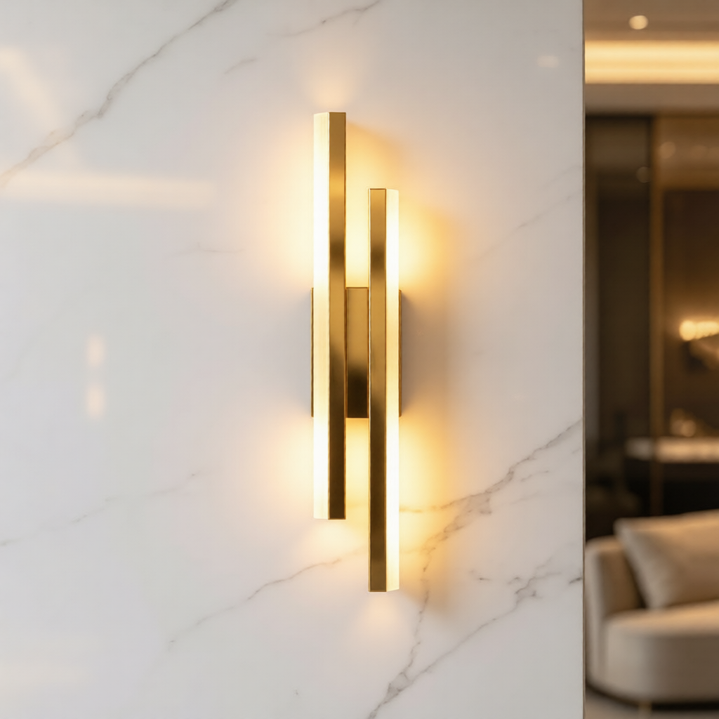 Gold wall sconce on a marble wall with a blurred room in the background
