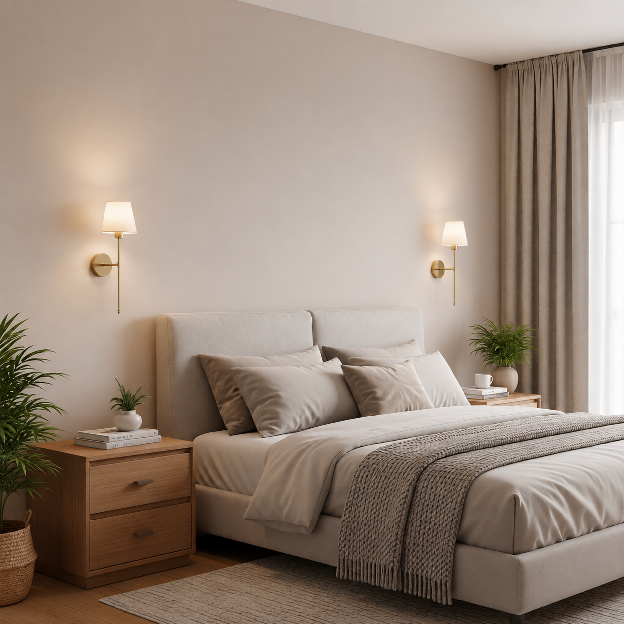 Modern bedroom with a bed, nightstands, and wall lights.
