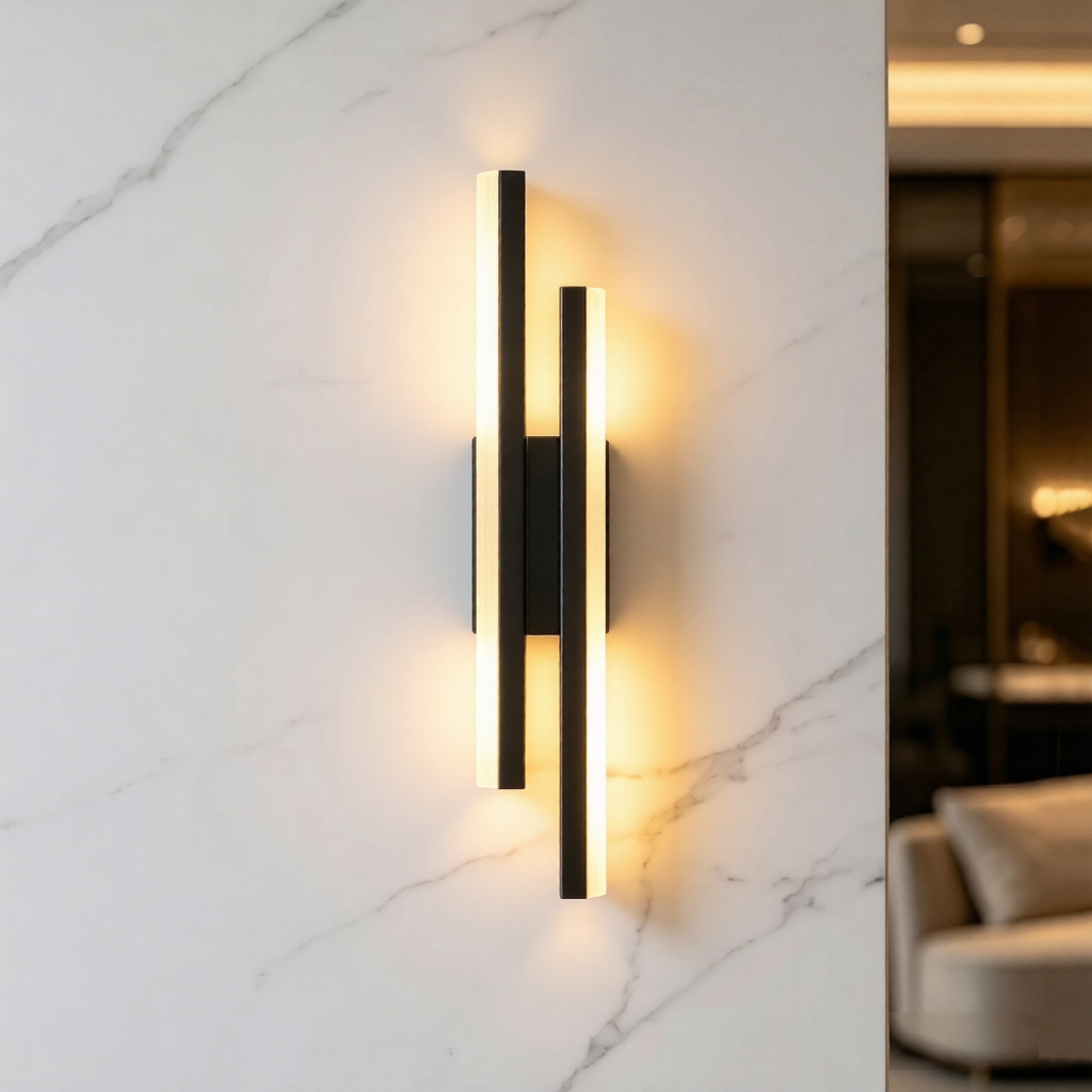 Modern wall-mounted light fixture on a marble wall