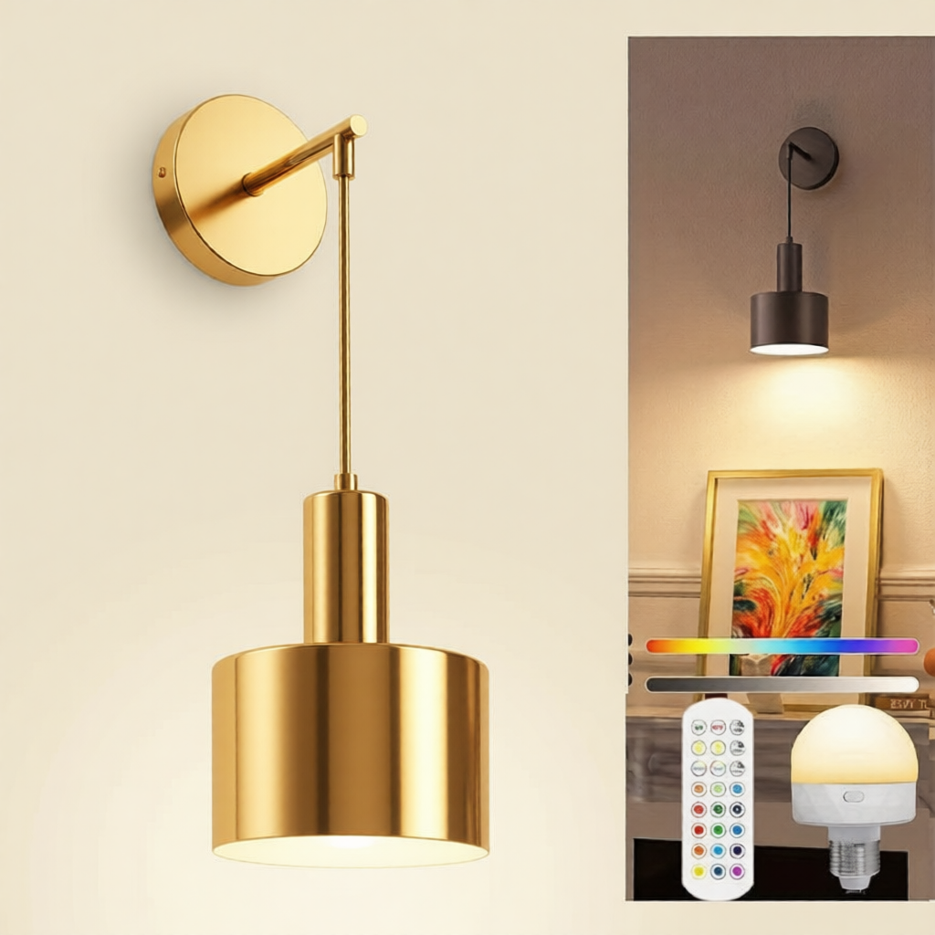 Gold wall-mounted lamp with remote control and light bulb on a beige background