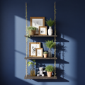 Decorative wall shelf with plants and framed pictures against a blue wall