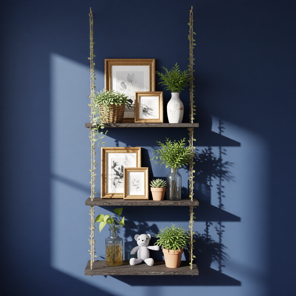 Decorative wall shelf with plants and framed pictures against a blue wall
