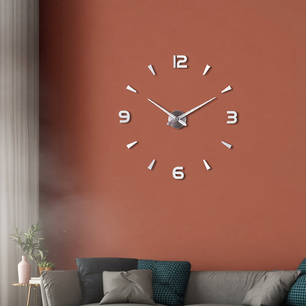Large wall clock on a red-brown wall above a sofa with decorative pillows.