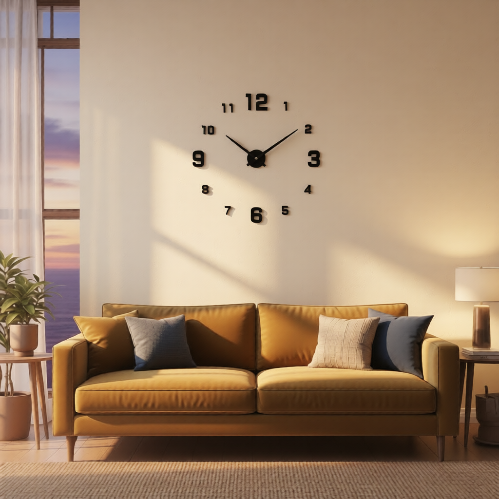 Brown sofa with decorative pillows in a living room setting with a large wall clock.