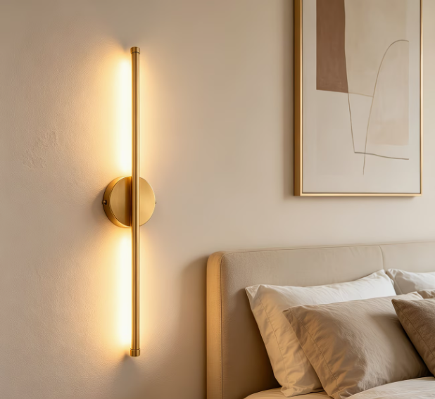 Modern wall sconce on a wall above a bed with abstract art in the background