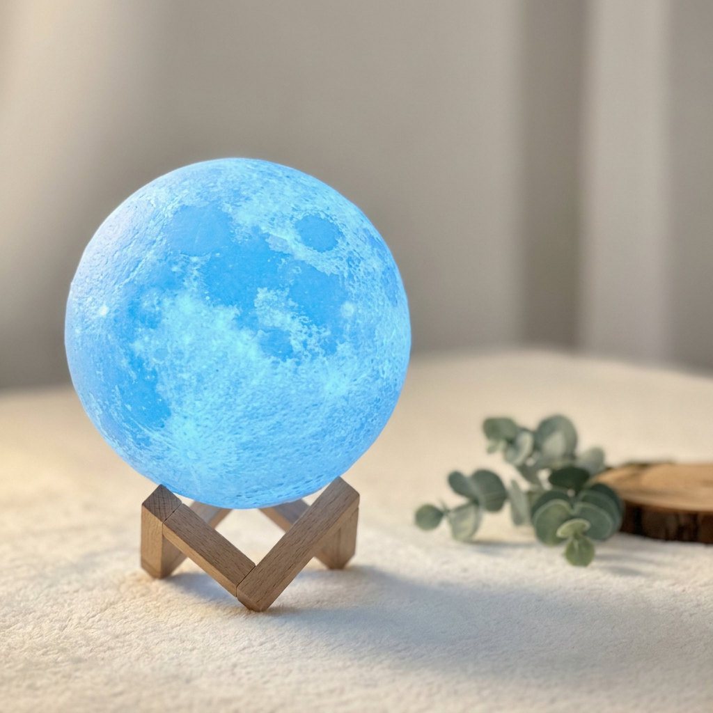 Blue moon-shaped lamp on a stand with a blurred background