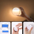 Hand holding a glowing night light with close-up shots of its components.