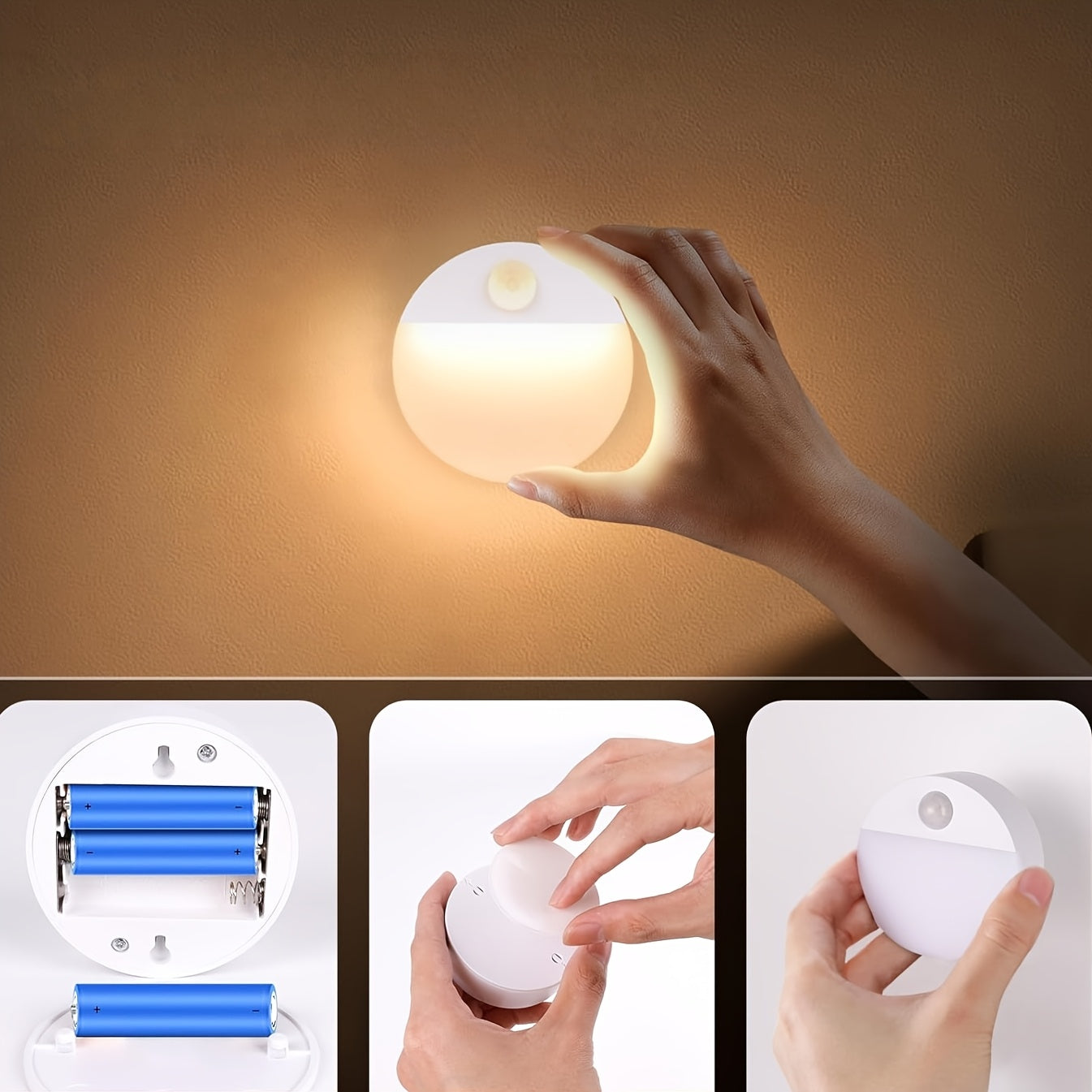 Hand holding a glowing night light with close-up shots of its components.