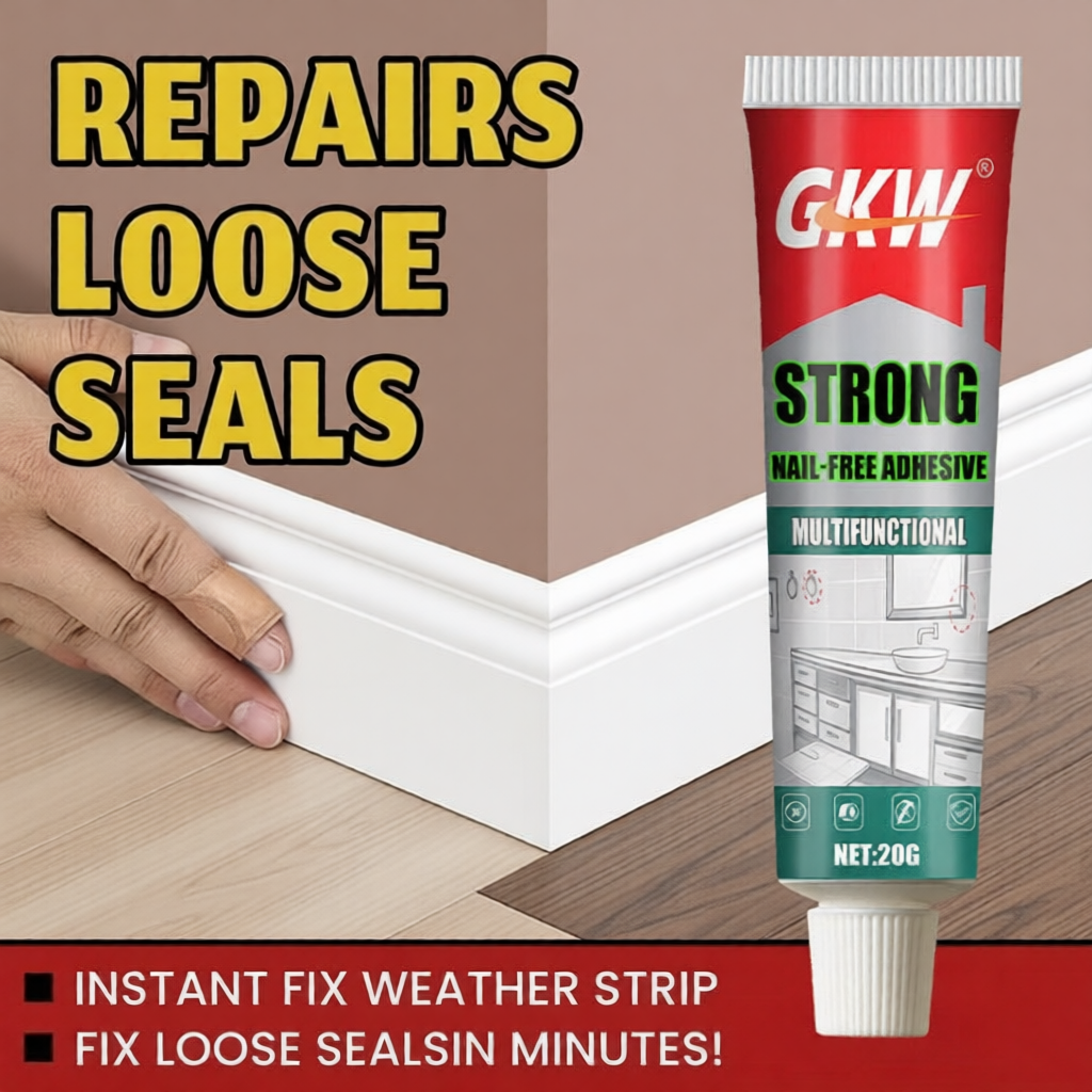 GKW nail-free adhesive tube with text on repairs loose seals and instant fix weather strip.
