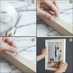 Step-by-step process of framing a picture with a marble background