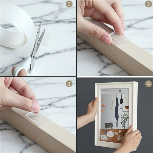Step-by-step process of framing a picture with a marble background