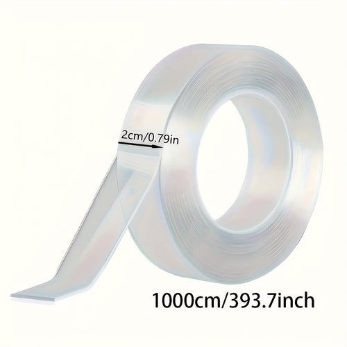 Roll of clear tape with measurement text on a white background