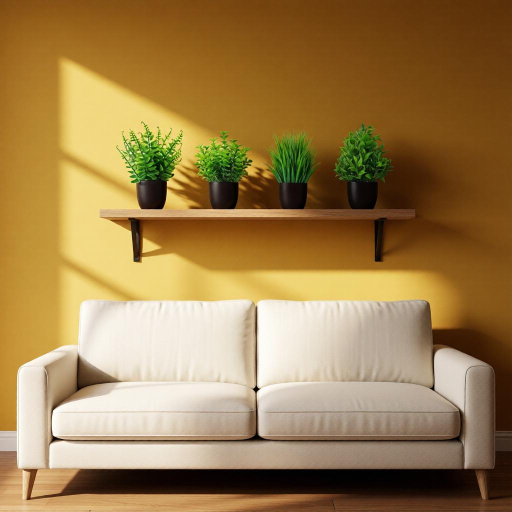 White sofa in front of a yellow wall with a wooden shelf holding four green plants.