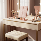 Makeup vanity table with mirror, lights, and various beauty products in a softly lit room.