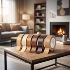 Rolls of wooden tape on a coffee table in a cozy living room.