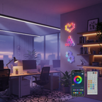 Modern office space with colorful LED wall lights and a smartphone app interface.