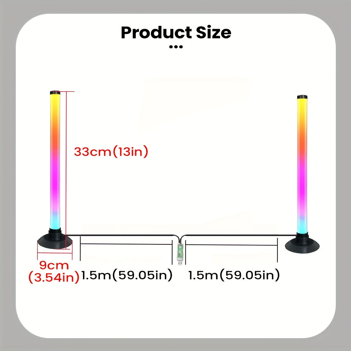 Measurement chart showing dimensions of a product with colorful gradient bars.