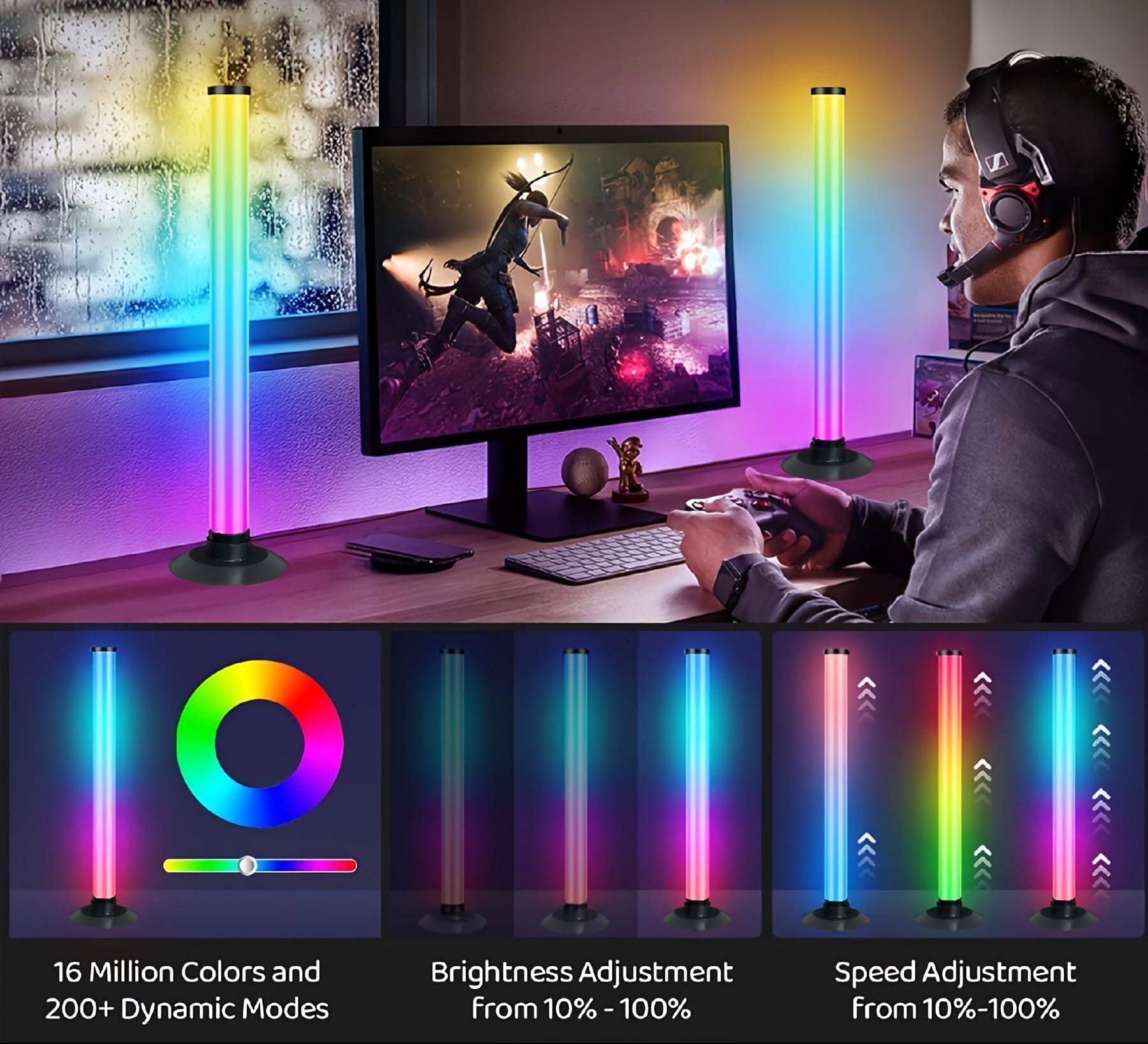 Person playing a video game with RGB lighting in a room, featuring GVTCO brand.
